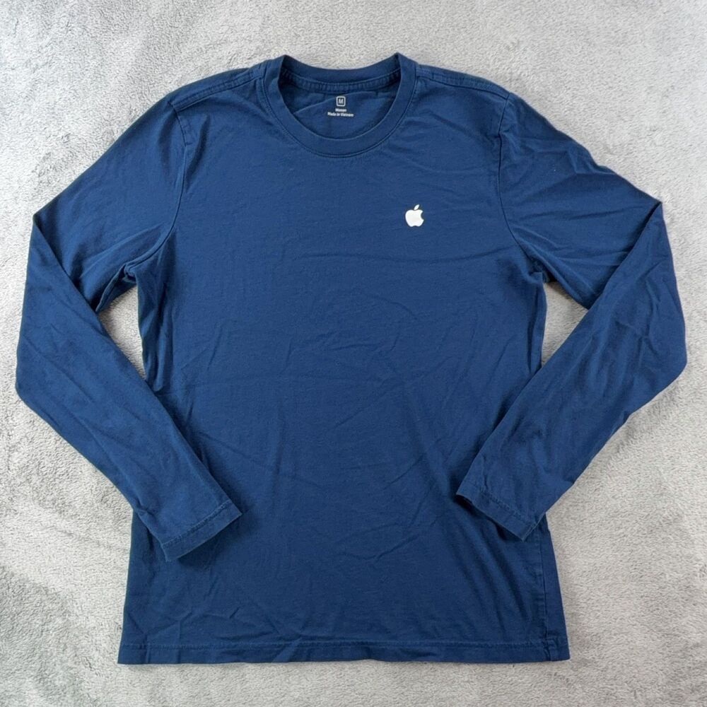 Apple Women's Long Sleeve T-Shirt Medium Blue 100% Cotton Crew Neck Logo Basic